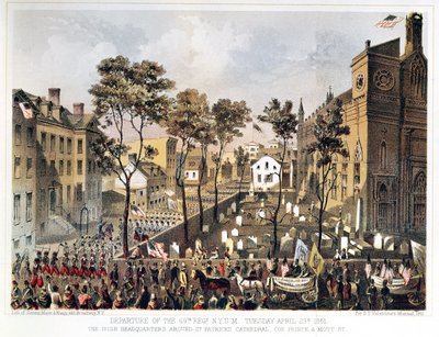 Partenza del 69º Reggimento, N.Y.S.M., 23 aprile 1861, il quartier generale irlandese intorno alla Cattedrale di San Patrizio, angolo tra Prince e Mott Street, New York da Major and Knapp Sarony